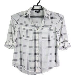 Womens White & Black Plaid Fortune + Ivy Button Up Blouse Roll Tab Sleeves S